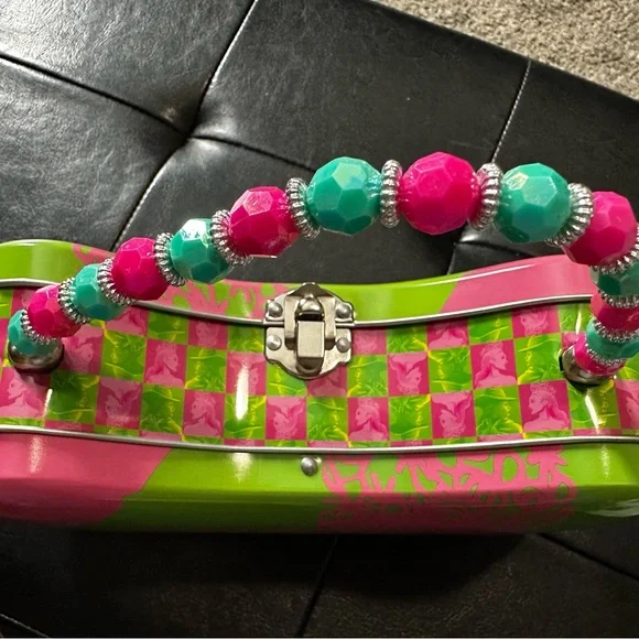 Wicked The Move Tin Purse Pink and Green with Beaded Handle - Picture 2 of 3